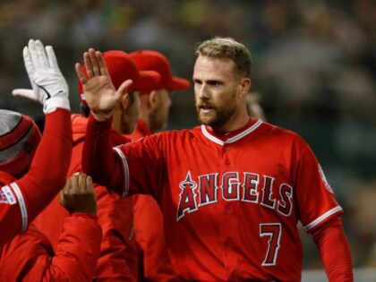 OAKLAND, CA - MARCH 30: Zack Cozart #7 of the Los Angeles Angels of Anaheim celebrates wit