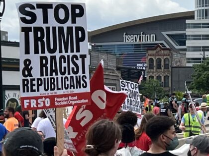 The "March on the RNC" approaches the Fiserv Forum, site of the Republican Natio