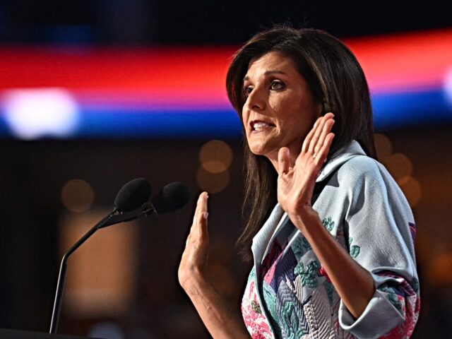 US former ambassador to the United Nations and South Carolina Governor Nikki Haley gesture