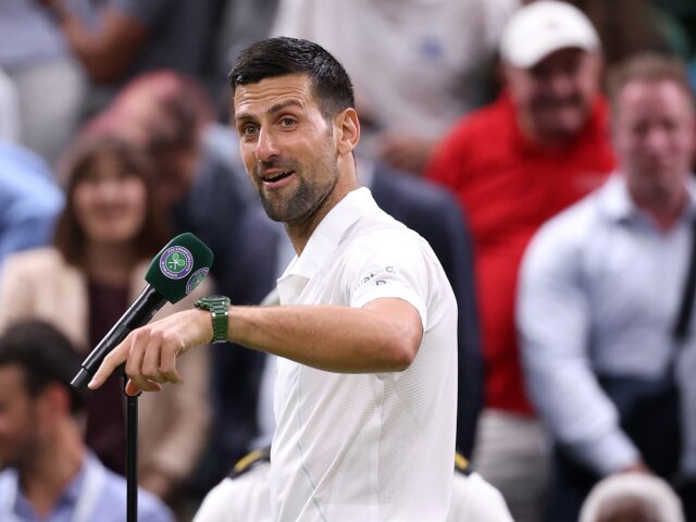 LONDON, ENGLAND - JULY 08: Novak Djokovic of Serbia addresses the crowd on Centre Court fo