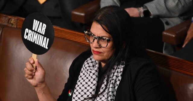 Rashida Tlaib Holds Up 'War Criminal' Sign During Netanyahu Speech