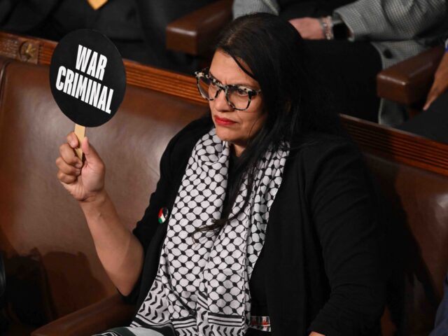 US Representative Rashida Tlaib, Democrat of Michigan, protests during Israeli Prime Minis