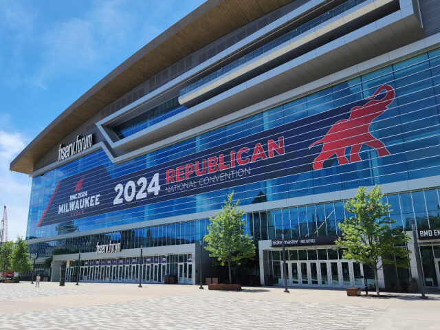 Fiserv Forum is pictured decorated for the Republican National Convention in Milwaukee, Wi