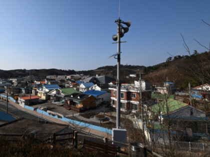 This general view shows loudspeakers standing in a village of Yeonpyeong island, near the