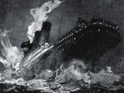 The 46,328 tons RMS Titanic of the White Star Line sinking around 2:20 AM Monday morning A