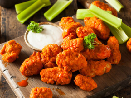 Hot and spicy boneless Buffalo chicken wings with ranch