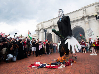 Pro-Palestinian protesters burn a US flag at Union Station on July 24, 2024 during a prote