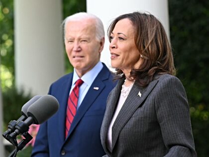 US President Joe Biden looks on as Vice President Kamala Harris delivers remarks at a rece