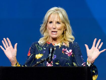 In this July 8, 2021 photo, first lady Jill Biden delivers remarks before the start of the