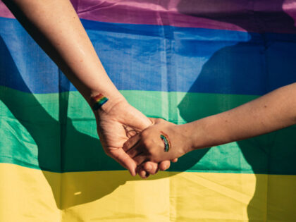 Mother and daughter holding hands in front of a rainbow flag - stock photo