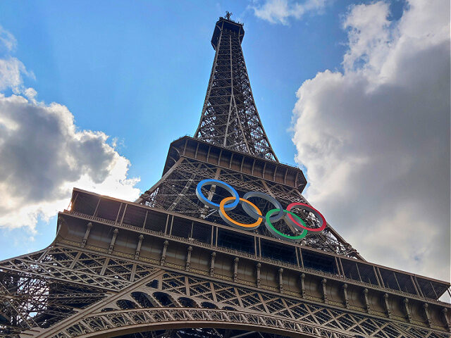 The eiffel tower with the olympic logo