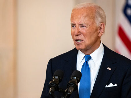 US President Joe Biden in the Cross Hall of the White House in Washington, DC, US, on Mond