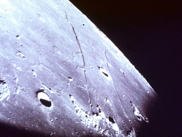 Oblique view of a section of the Sea of Tranquility on the surface of the Moon, taken duri