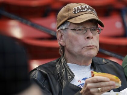 Author Stephen King in the stands prior to a Boston Red Sox baseball game at Fenway Park i