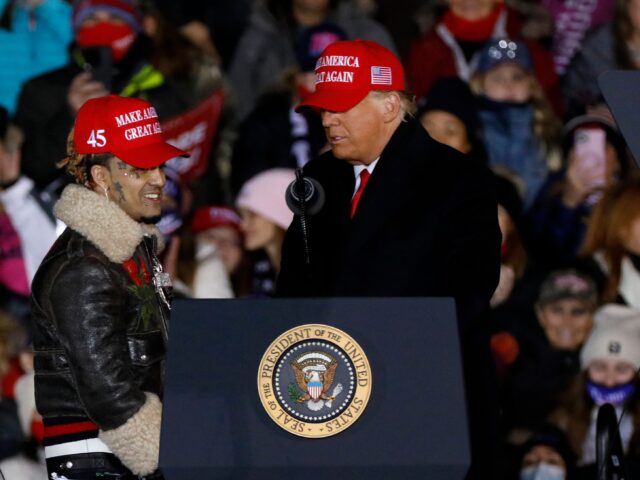 US President Donald Trump invites rapper Lil Pump on stage during his final Make America G