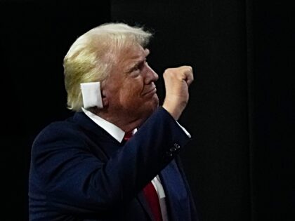 Republican presidential candidate former President Donald Trump gestures during the Republ