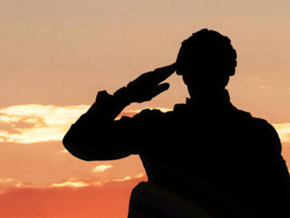 Soldier Saluting During Sunset - stock photo