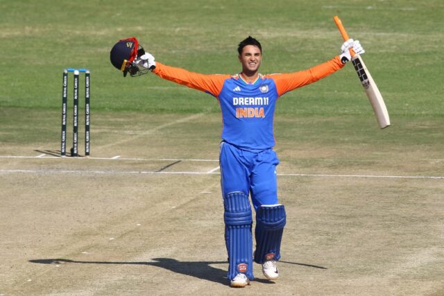 Abhishek Sharma reached his first international century with three successive sixes off We