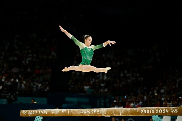 Algerian gymnast Kaylia Nemour competes at the Paris 2024 Olympic Games at Bercy Arena