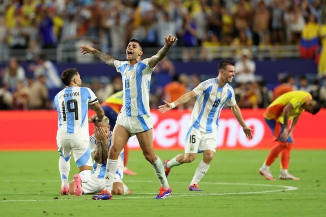 Argentina's players celebrate winning a record 16th Copa America in a 1-0 win over Colombi