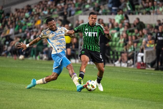 Austin midfielder Dani Pereira, at right fighting for the ball with Philadelphia's José A