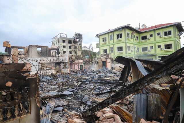 Damaged buildings in Kyaukme following clashes between Myanmar's military and the Ta'ang N