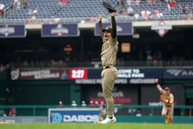 Dylan Cease of the San Diego Padres celebrates after throwing a no-hitter to defeat the ho