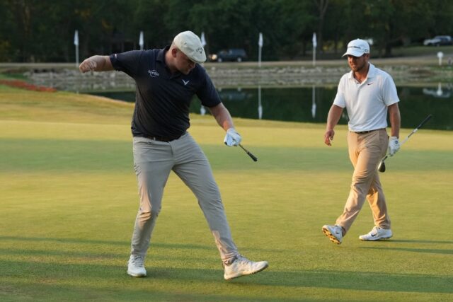 England's Harry Hall reacts after chipping in for birdie to win the PGA Tour ISCO Champion