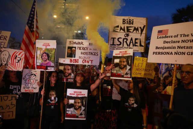 Families and supporters of Israel's hostages held in Gaza demonstrated while Prime Ministe