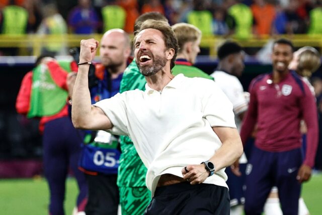 Gareth Southgate celebrates leading England to a second consecutive Euros final