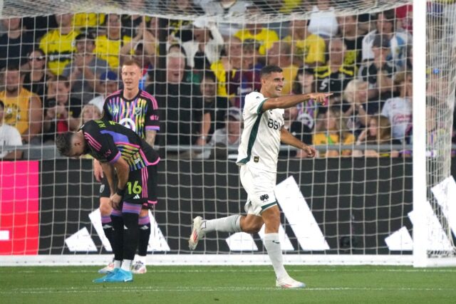 German Berterame of the Liga MX All-Stars celebrates a goal in his squad's 4-1 victory ove