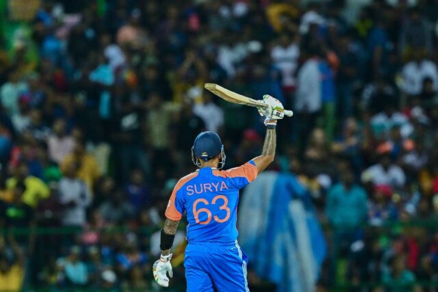 India's captain Suryakumar Yadav celebrates after scoring a half-century during the first