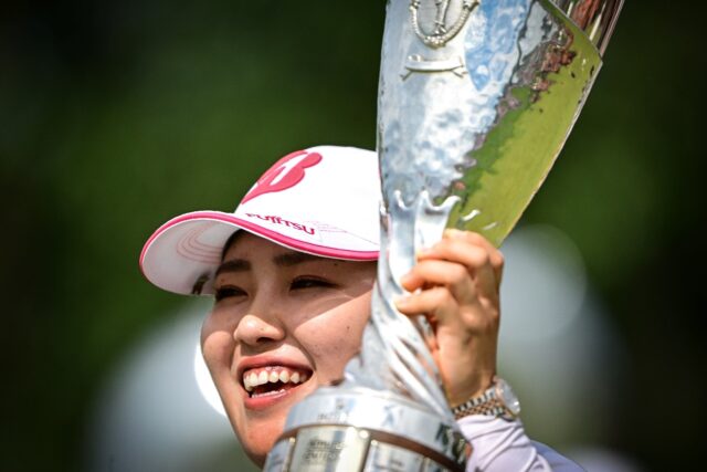 Japan's Ayaka Furue celebrates her victory at the Evian Championship in France