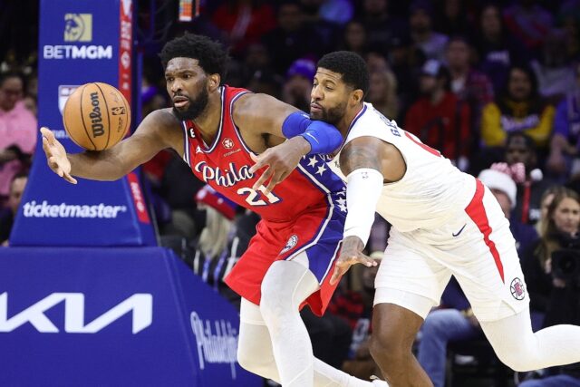 Paul George (right) is set to be team-mates with Joel Embiid (left) after agreeing a deal