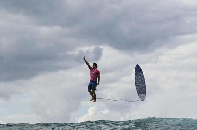 This picture of Brazil's Gabriel Medina exiting a wave in Tahiti on his way to Olympic gol