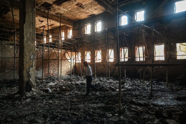 The remains of Bangladesh state broadcaster after students set it on fire during protests