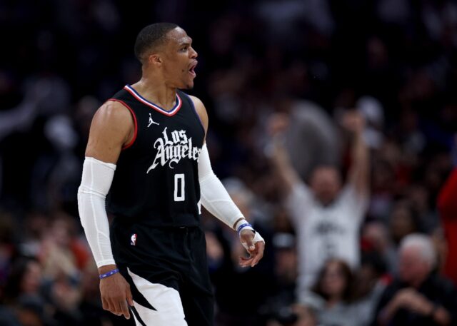 Russell Westbrook reacts to a Los Angeles Clippers three-pointer against the Dallas Maveri