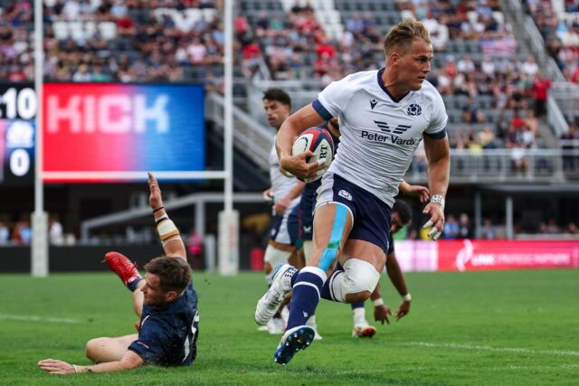 Scotland wing Duhan van der Merwe races over for his team's first try in a 42-7 victory ov