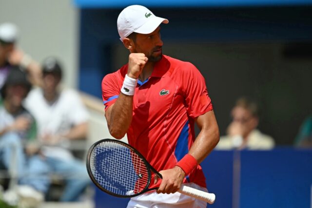 On top: Novak Djokovic reacts while playing against Germany's Dominik Koepfer