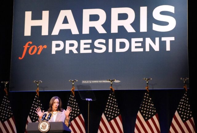 US Vice President and Democratic presidential candidate Kamala Harris speaks at a fundrais