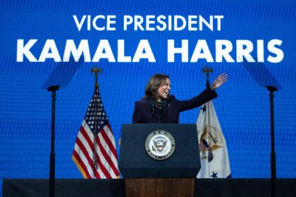 US Vice President Kamala Harris delivers the keynote speech at the American Federation of