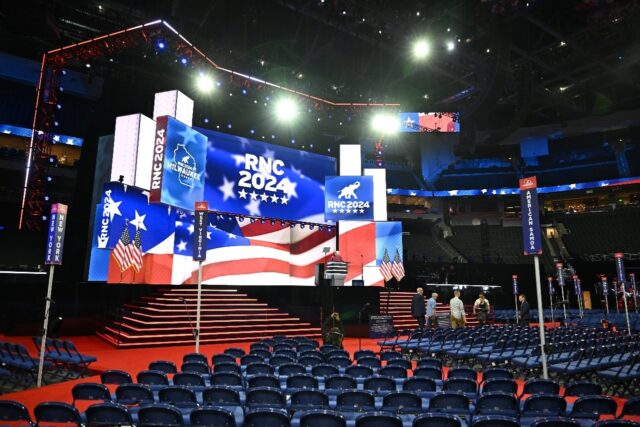 A view of the convention floor and stage ahead of the 2024 Republican Convention at the Fi