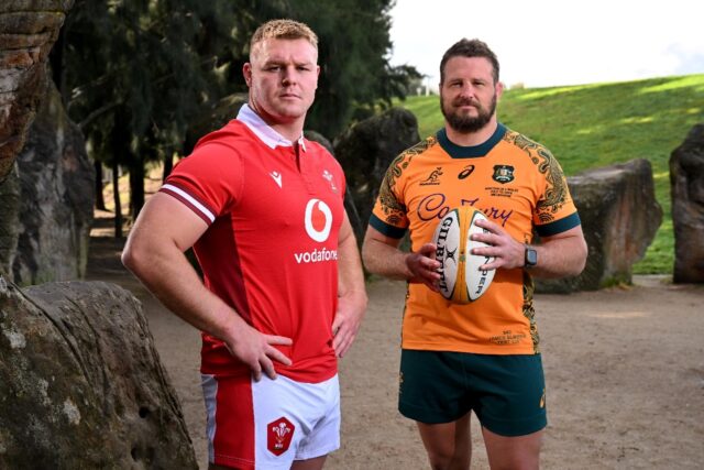 Wales captain Dewi Lake (L) and Australian counterpart James Slipper (R) pose ahead of the