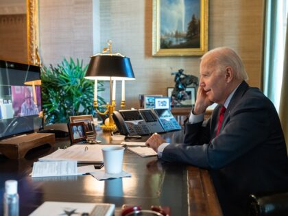 President Joe Biden participates in a video call with House Speaker Nancy Pelosi (D-Calif.