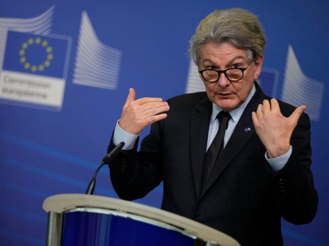 FILE - European Commissioner for Internal Market Thierry Breton speaks during a signature