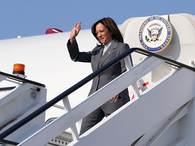 Vice President Kamala Harris waves as she arrives at Al Maktoum International Airport to a