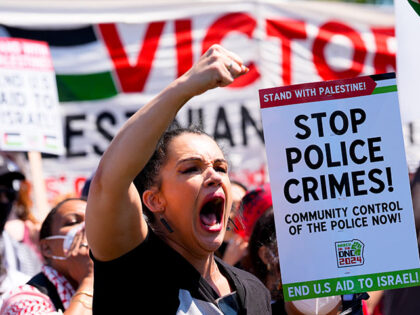 A protester yells during a demonstration before a march to the Democratic National Convent