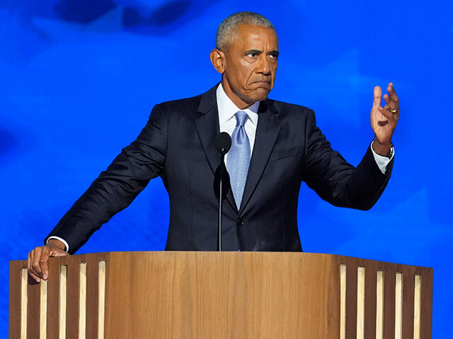 Former President Barack Obama speaking at the Democratic National Convention Tuesday, Aug.