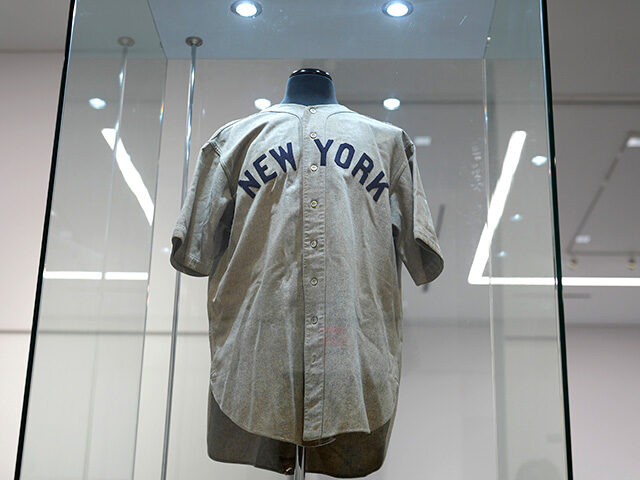 The 1932 Babe Ruth game worn New York Yankees World Series "Called Shot" jersey is display