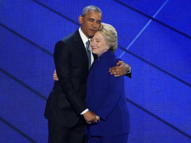 Philadelphia, PA: President Barack Obama and Hillary Clinton embrace on the stage after th